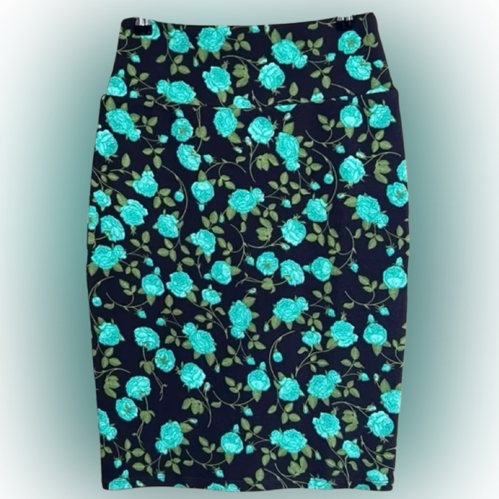NWT Floral Black and Turquoise Rose Stretchy Pencil Skirt - Picture 2 of 5